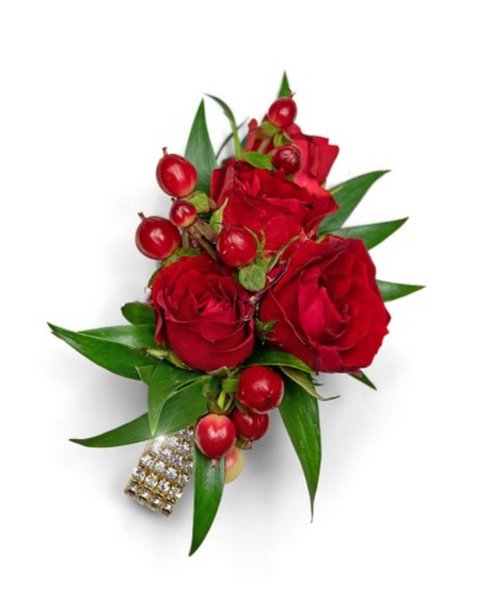 Red rose boutonniere with berries and green leaves