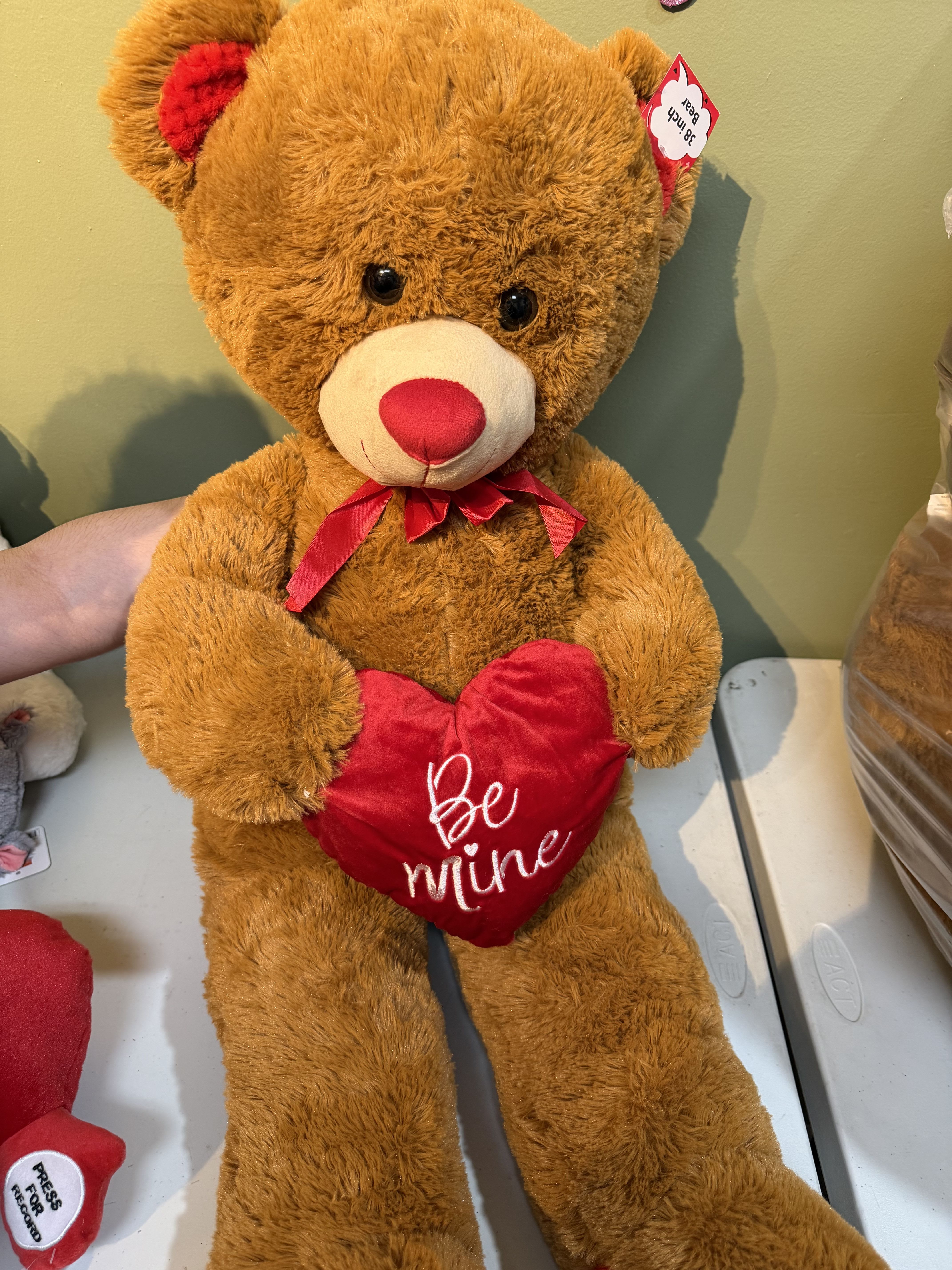 Brown teddy bear holding a red heart pillow with a ribbon
