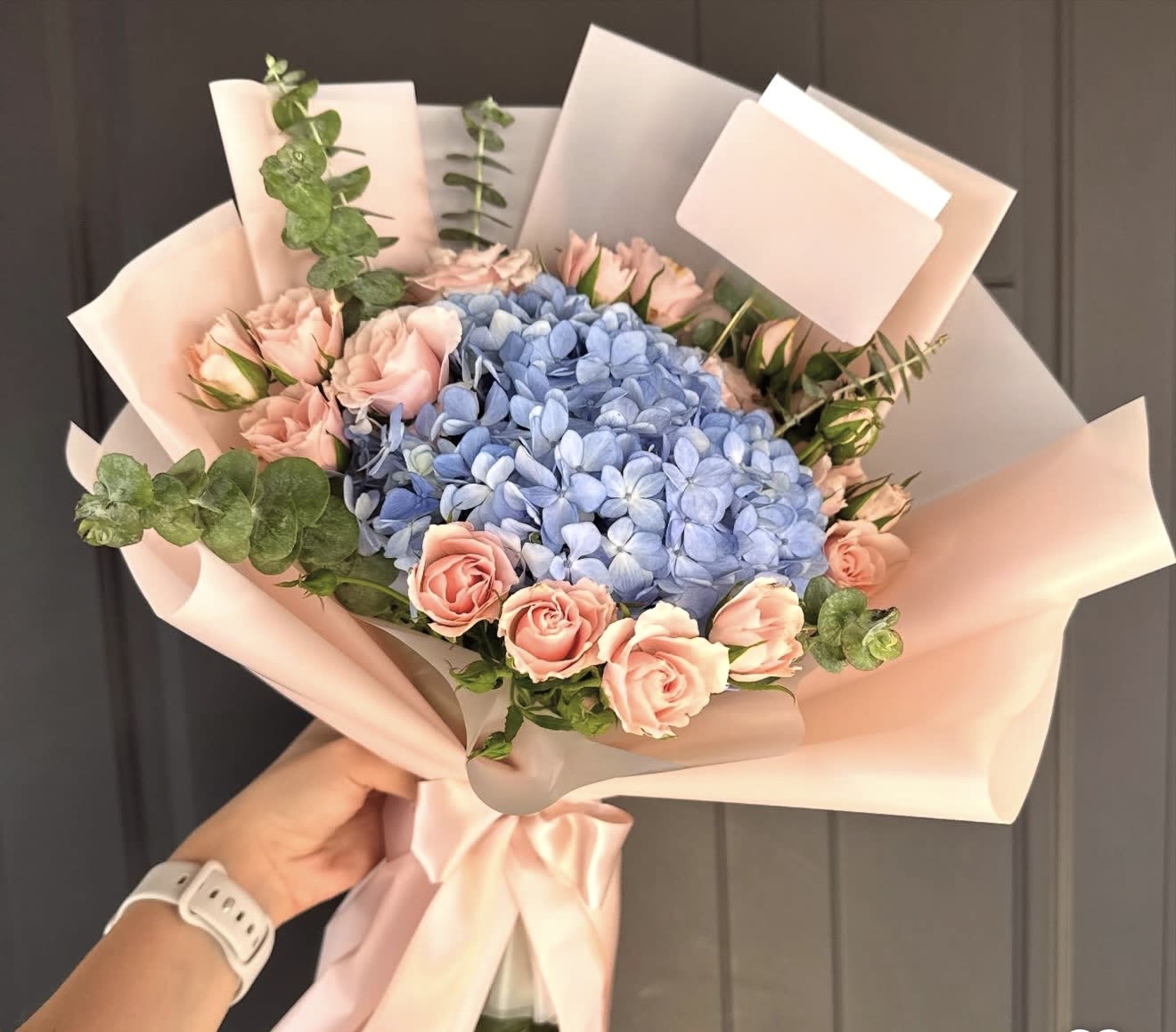 Flabia - Hydreyngea and some spray roses with a touch of eucalyptus! Wrapped 