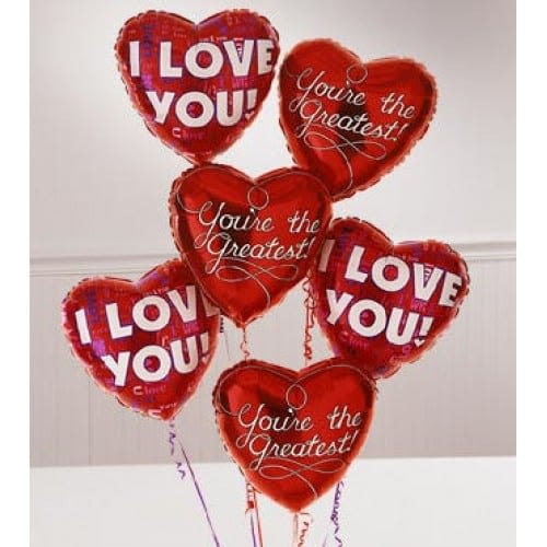 Valentines Day- I Love You Balloon Bouquet (6 ct) - The Valentines Day and I Love You Balloon Bouquet Features 6 “Happy Valentines Day” and “I love You” mylar Balloons and the balloons are attached to a balloon weight.  *Substitutions may be made to you order due to availability.