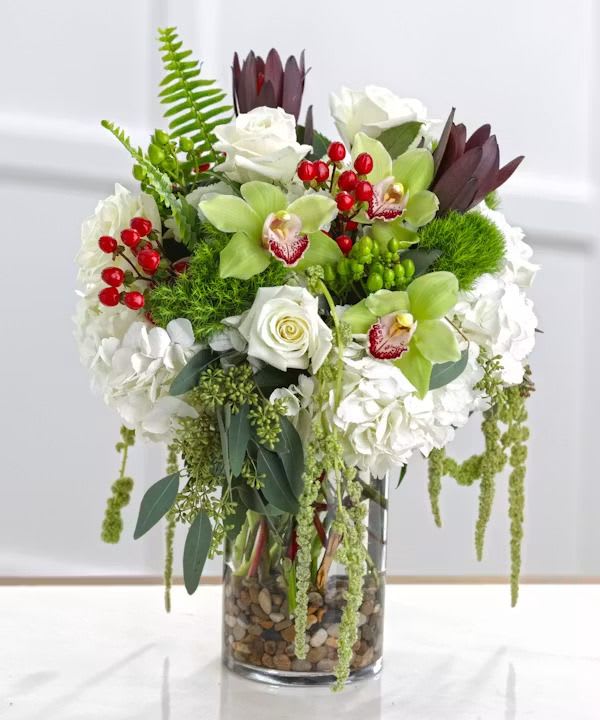 Nature's Harmony - Lovely green and white flowers practically burst out of this nature inspired vase as foliage gracefully dangles like rainforest vines. If you're looking for a gift, this one's a natural.  Details: An exotic mix of flowers includes white hydrangea, red hypericum, mountain roses, exotic orchids &amp; hanging amaranthus accented with sunset safari and luxurious floral foliage.  DELIVERY: Gallery Flower Shop arrangements are unique, custom gifts designed by hand. Mother Nature changes our farm-fresh inventory every morning, to assure your gift is fresh and gorgeous our artists may need to make substitutions but will capture the color &amp; style of your selection to deliver a "WOW" for your recipient.