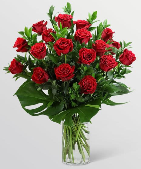 Classic 18 Roses - A lush mound of 18 rich red roses arranged in a tight, rounded bouquet creates an unmistakably romantic statement - perfect as an anniversary bouquet or a Valentine's Day gift that will make the person you're thinking of feel deeply cherished. The glossy green foliage and dramatic split-leaf greenery at the base give the arrangement a fresh, tropical frame that highlights the velvety red blooms and adds elegant contrast with touches of white from filler accents.  Presented in a clear cylindrical glass vase, the long stems are visible through the water, giving the design a clean, modern look while keeping care simple. The overall size reads full and generous on a table or mantel; its classic color palette of red, green and white sends a timeless message of love and admiration. This is the kind of arrangement that arrives ready to impress - no fussing required, just fresh water and a bright spot away from direct heat to keep the roses looking their best.