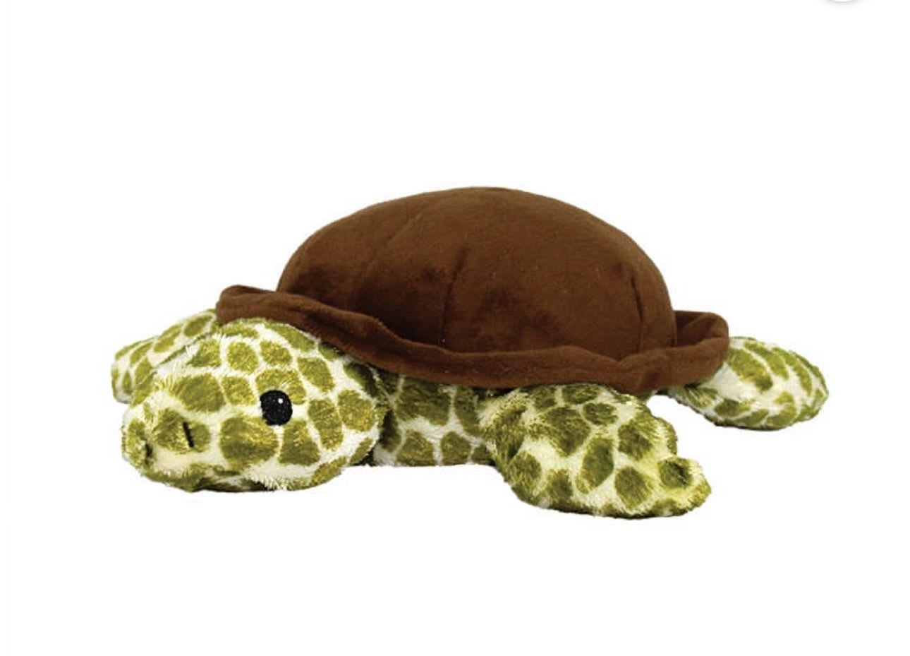 Plush turtle toy with a brown shell on a white background