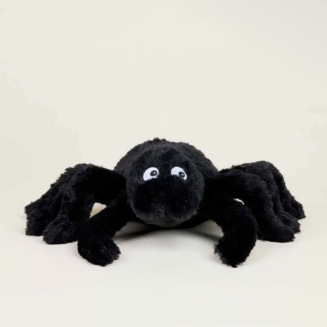 Black plush spider toy with large eyes on a plain background