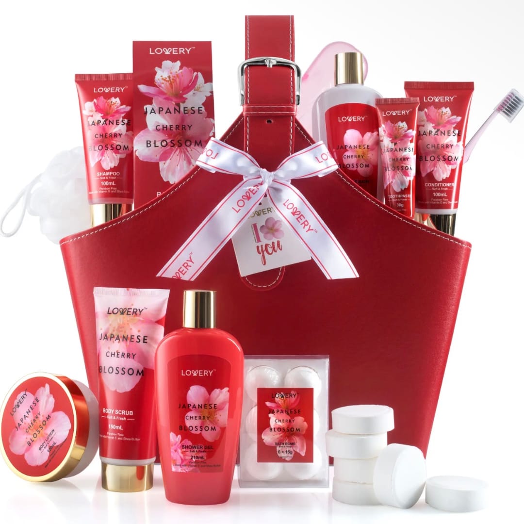 Red gift basket with cherry blossom bath and body products