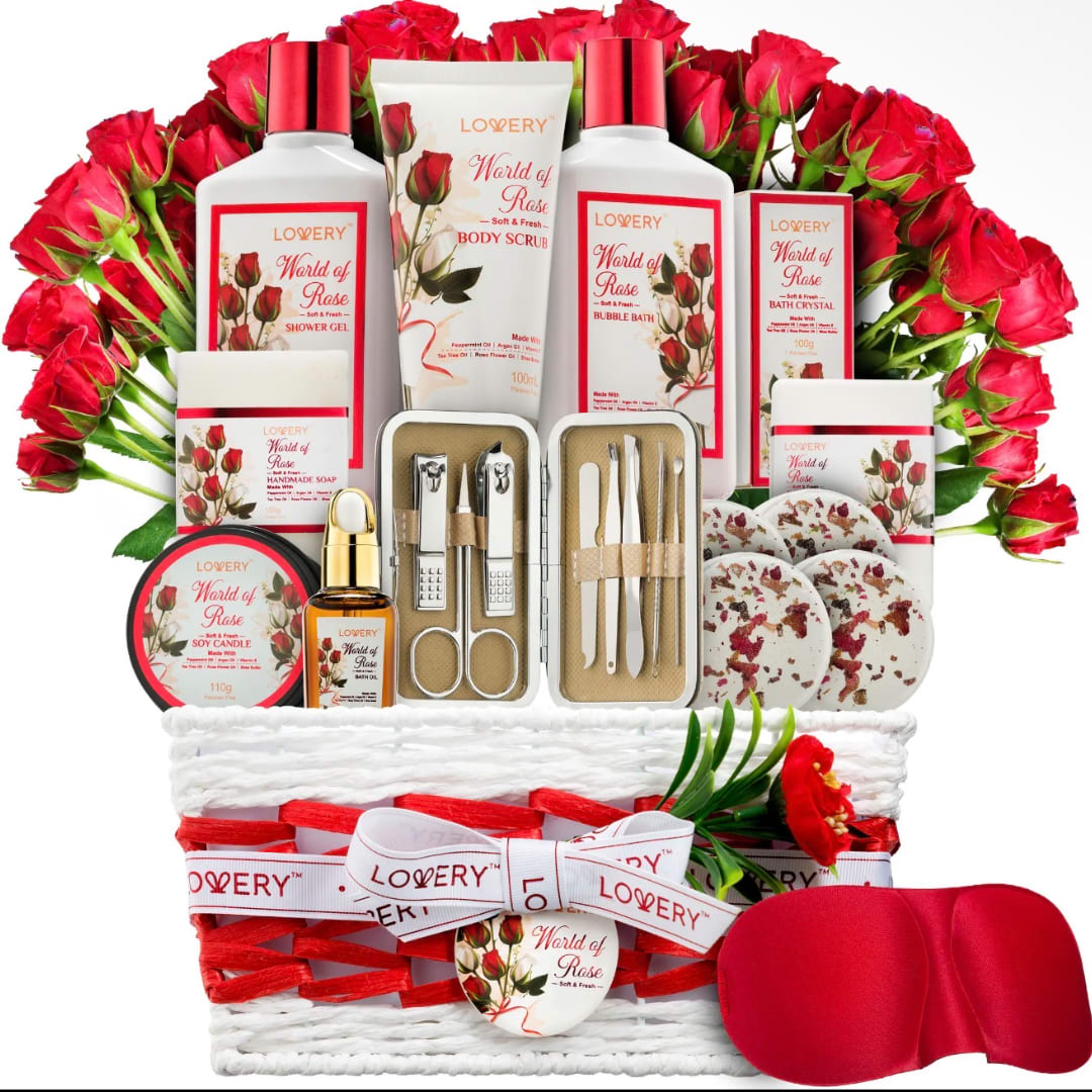 Rose-themed gift basket with bath products, tools, and red roses