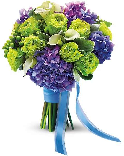 Bouquet of green and purple flowers tied with a blue ribbon