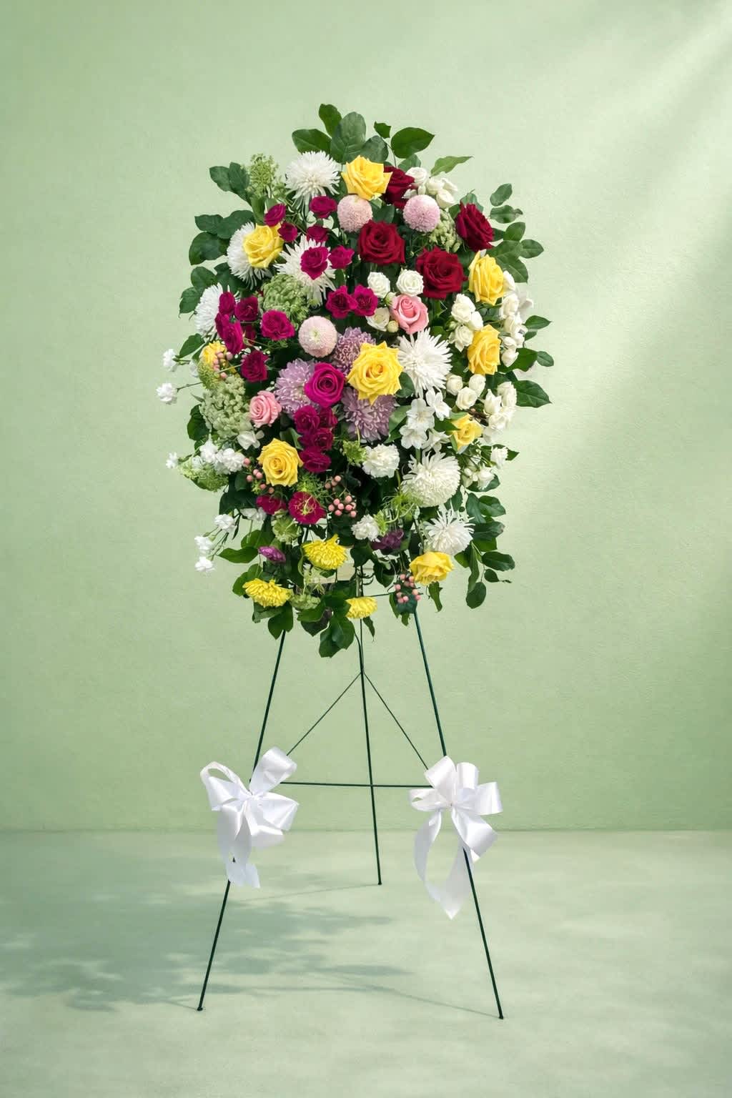 Standing floral spray with roses and chrysanthemums on an easel