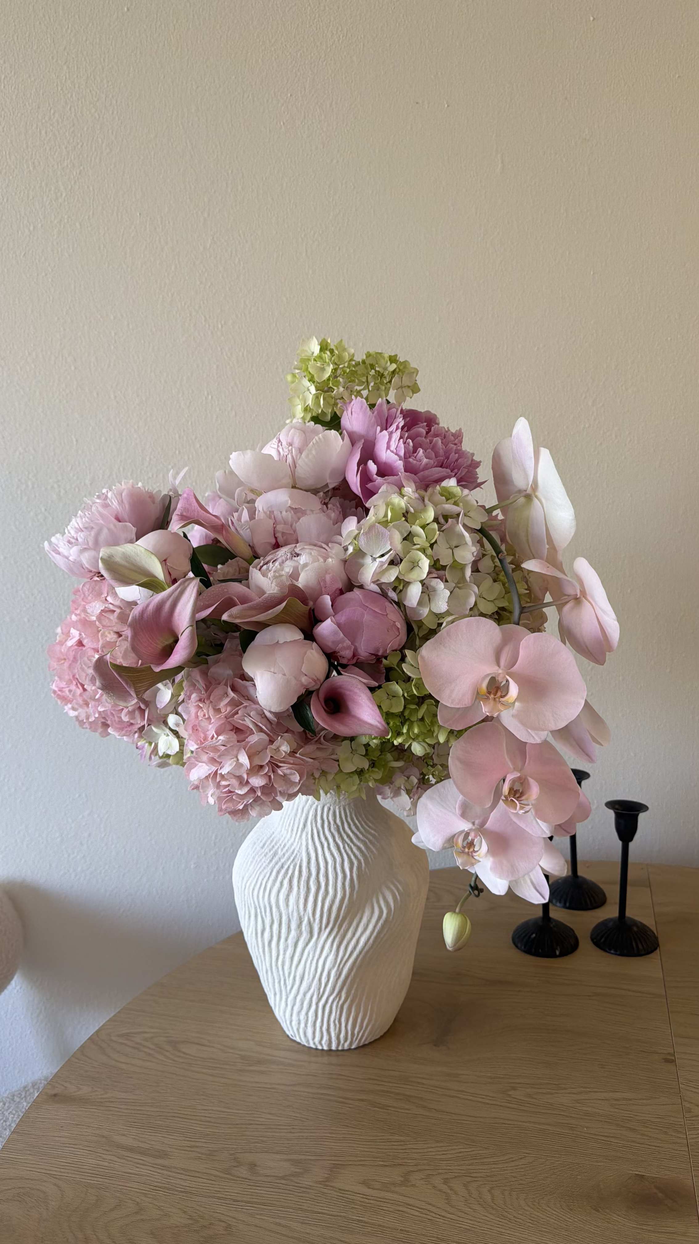 Cotton Candy - Stunning ceramic vase full of Peonies, Hydrangeas, and other mixed flowers