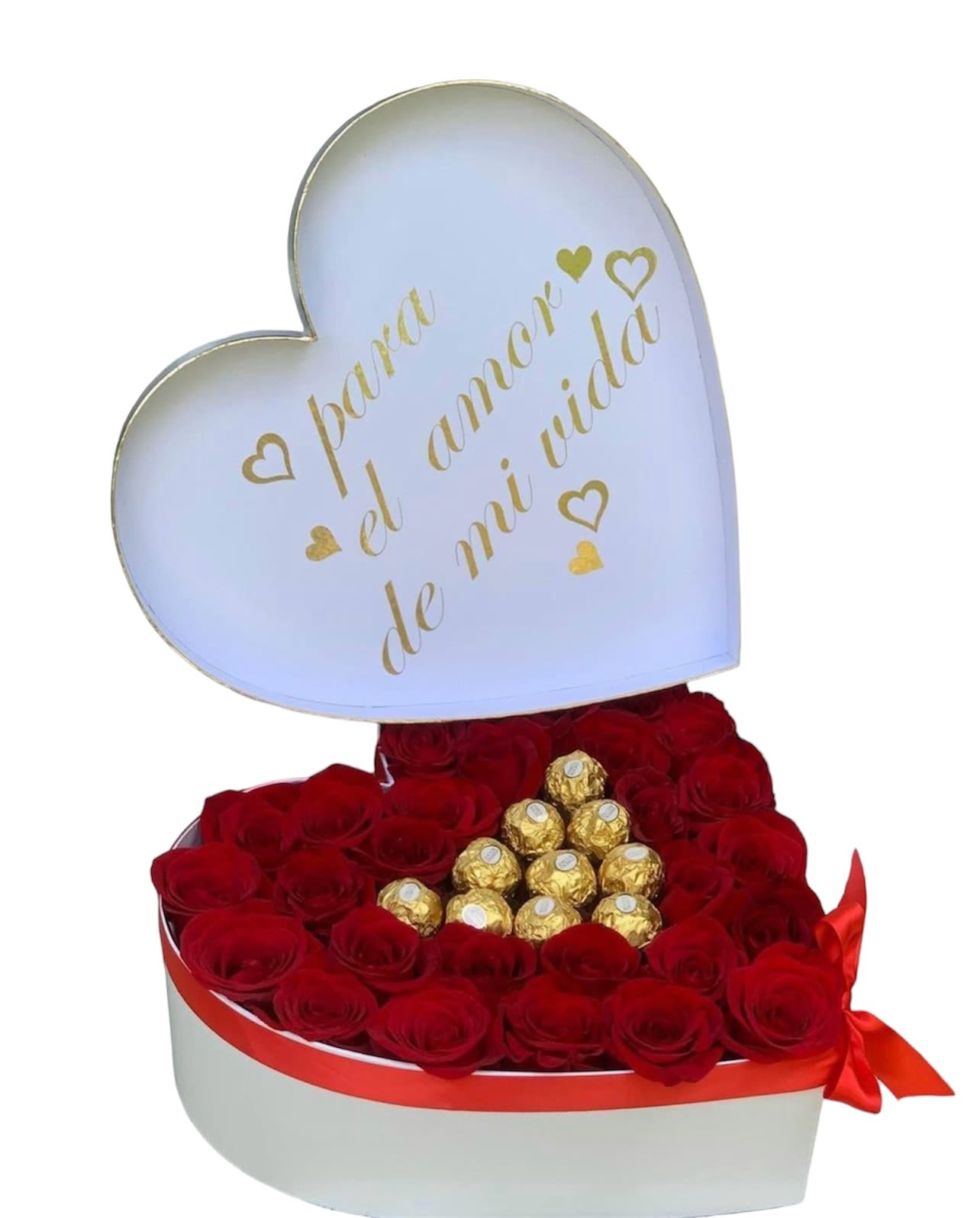 Heart-shaped box of red roses topped with gold-wrapped chocolates