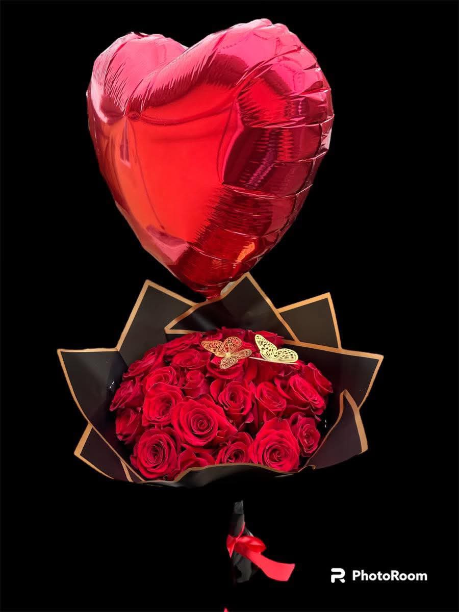 Red rose bouquet with a heart-shaped balloon and black wrapping