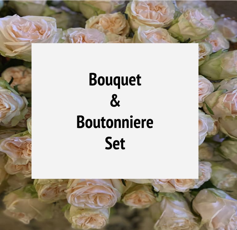 Background of blush roses with centered text reading Bouquet and Boutonniere Set
