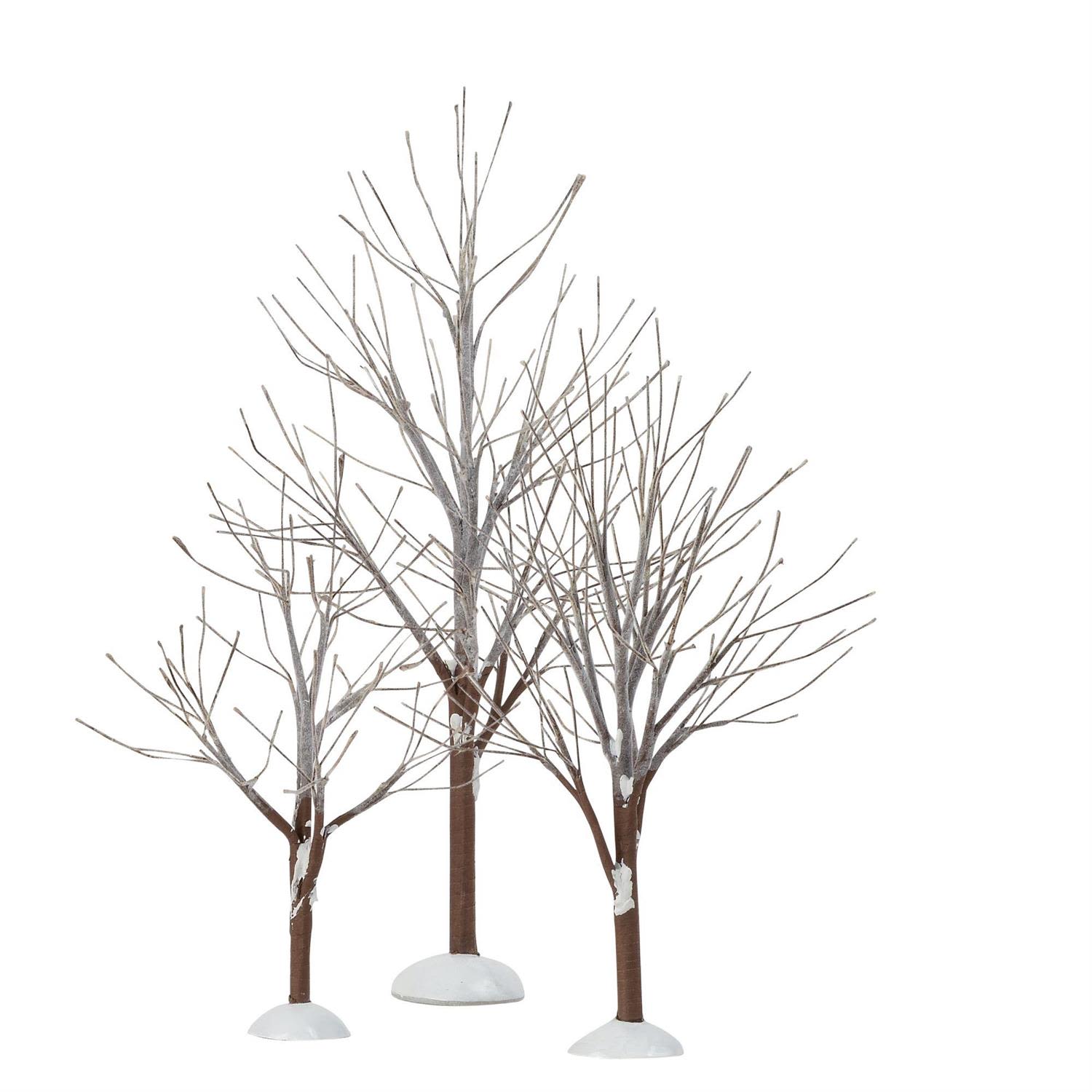 Mini First Frost Trees - 3 Pack - Bring a touch of wintry elegance to your holiday village with our Mini First Frost Tree 3-Pack. Each set includes three beautifully crafted bare-branch trees in varying sizes, featuring natural brown trunks and branches lightly kissed with a soft frosty white finish. Together, they capture the quiet beauty of the season’s first snowfall and create instant depth and dimension in any display.  Perfect for holiday villages, mantle styling, centerpieces, and retail merchandising, this coordinated trio adds height, texture, and a serene winter atmosphere to your scene.  Features:  Set of three coordinating trees: Small, Medium, and Large  Realistic bare-branch design with delicate “first frost” detailing  Sturdy white bases for easy placement and stability  Lightweight and ideal for holiday villages, winter dioramas, and tabletop décor  Dimensions:  Small / Medium / Large (included as a bundled 3-pack)  Elevate your winter décor with this magical trio — a simple yet striking seasonal accent set that enhances any holiday display.