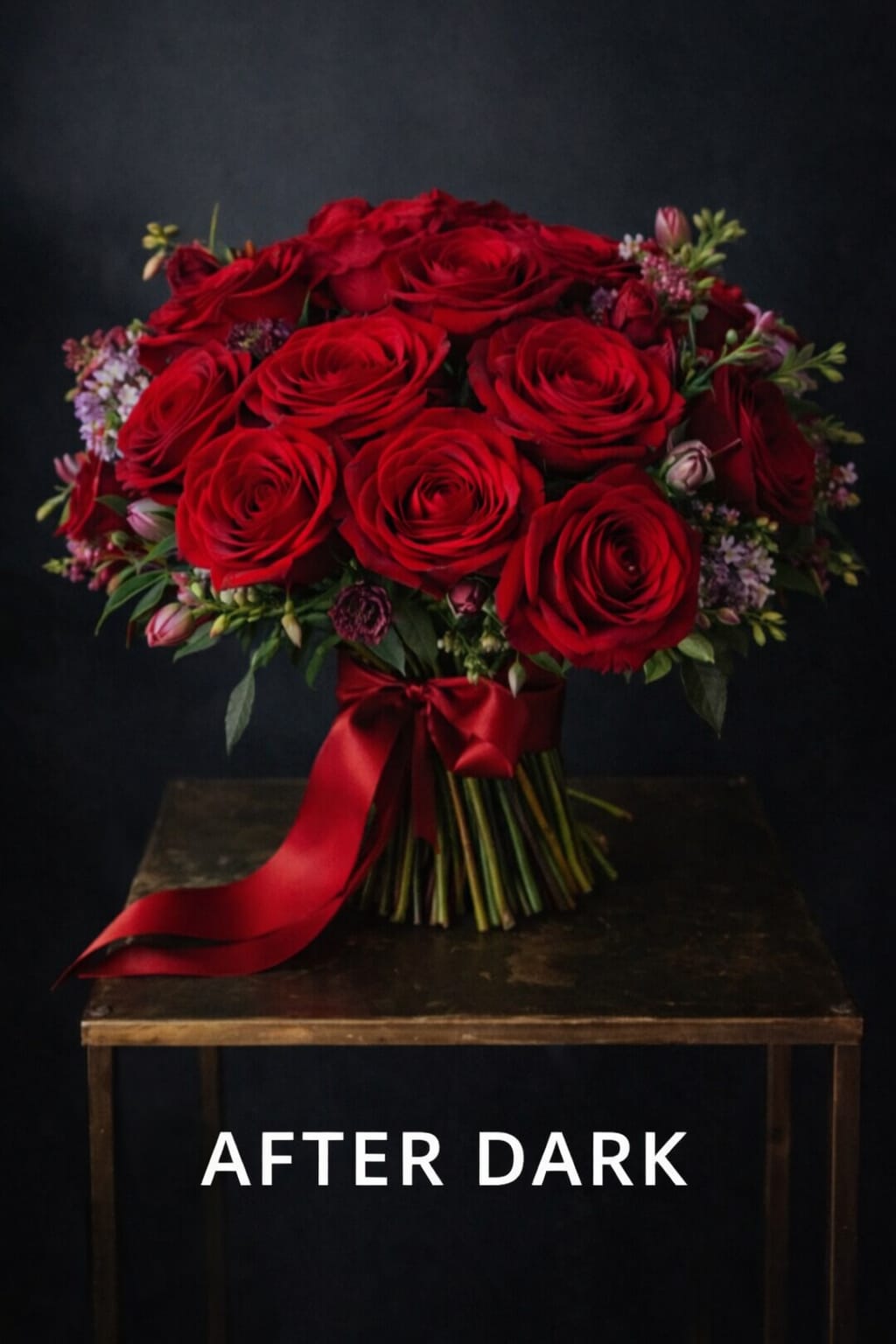 After Dark Hand-tied Bouquet - AFTER DARK  Confident, sultry, and magnetic. A striking, editorial bouquet anchored by 2 dozen Queen of Hearts and Phoenix roses, finished with subtle waxflower tension for a modern, after-midnight feel.  PART OF OUR LOVE IN EVERY ERA — HAND-TIED BOUQUET COLLECTION Featuring First Kiss, All In, and After Dark  This Valentine’s collection is intentionally bloom-forward, designed around a tightly curated selection of premium rose varieties. To honor the integrity of each design, we are limiting our Valentine’s stock to these featured blooms, allowing the flowers themselves to take center stage. Our hand-tied bouquets are lush, expressive, and light on traditional fillers; instead, we use delicate waxflower as our primary accent to maintain a refined, floral-forward composition.  Images shown are renderings and are representative of overall size, style, and color palette.