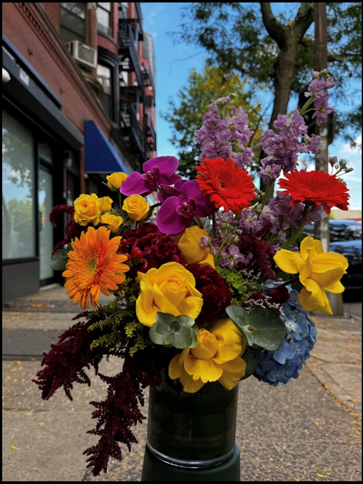 Colorful bouquet with roses, orchids, gerbera daisies, and hydrangea in a dark vase