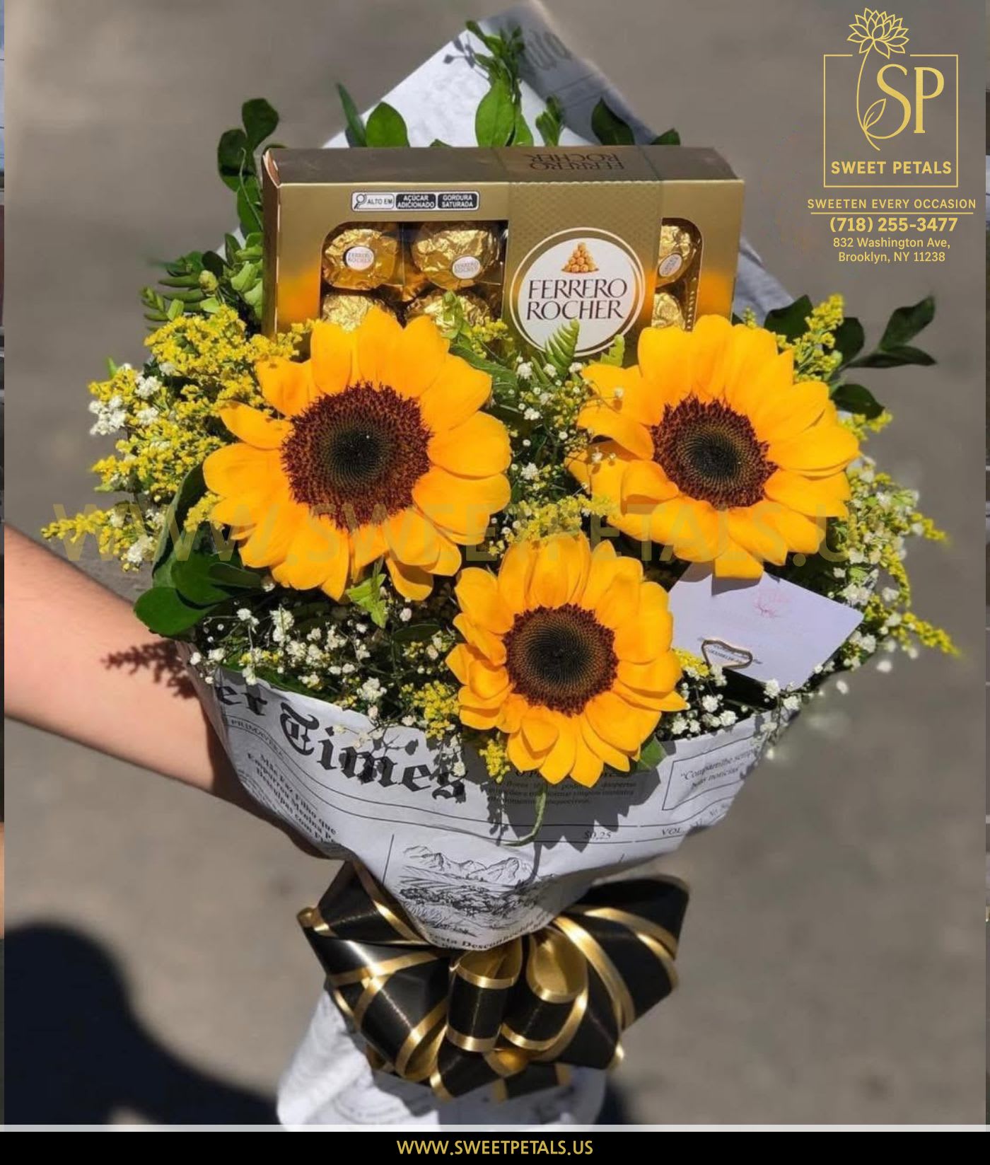 Sunflower bouquet with Ferrero Rocher chocolates and a black-and-gold ribbon