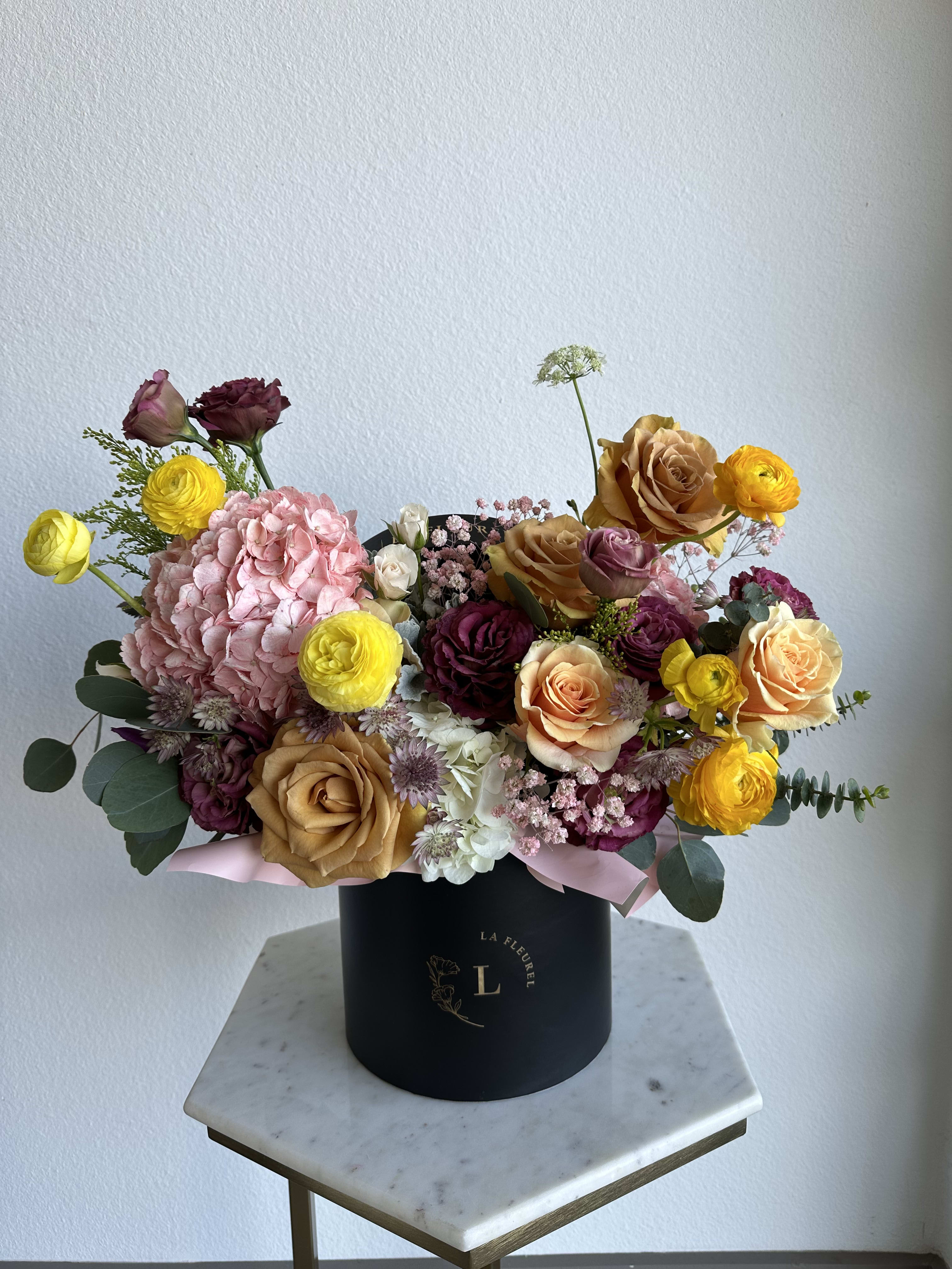 Chloe's Charming Blooms - This beautiful arrangement includes roses, hydrangeas, spray roses, lisianthus wax and greens.  Perfect for any occasion. You can choose any color of the box.  Arrangement includes:  SMALL BOX Custom greeting card