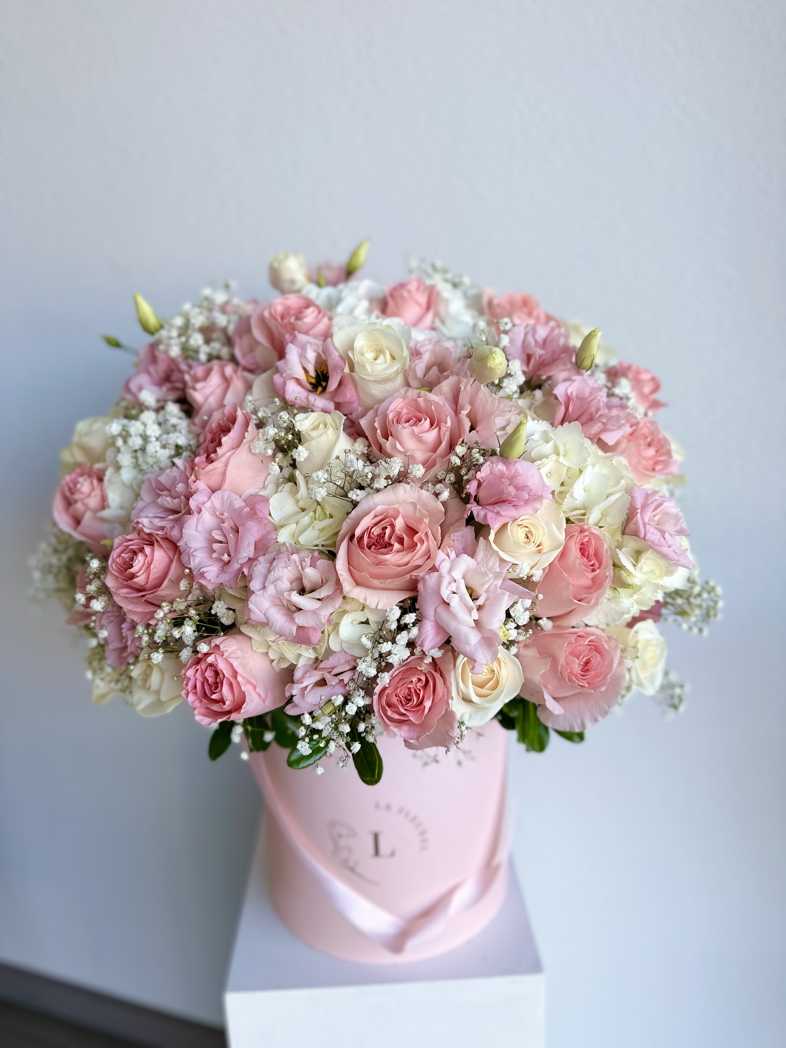 Sweet Bouquet - This romantic arrangement includes roses, hydrangeas, spray roses, baby breath  and greens.  Perfect for any occasion. You can choose any color of the box.  Arrangement includes:  Medium Size Box Custom greeting card