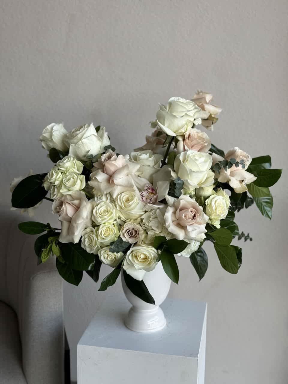 Emma's Blushing Blooms - Embrace the romantic allure of blush with this arrangement inspired by the timeless beauty of Emma. Perfect for any occasion.  Arrangement includes:  Ceramic White Vase Custom greeting card