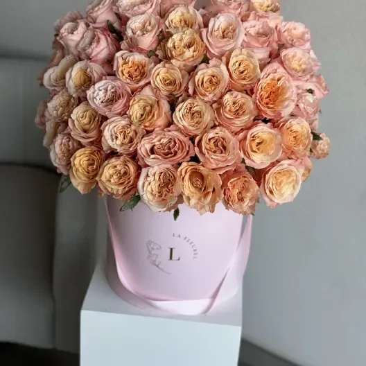 Classic Peach - 50 Shimmer roses in a box - This beautiful arrangement filled with the peach roses to deliver your special message to your special someone. Perfect for any occasion. You can choose any color of the box.  Medium box measured at 9.75" Dia. x 9.25" H Custom greeting card
