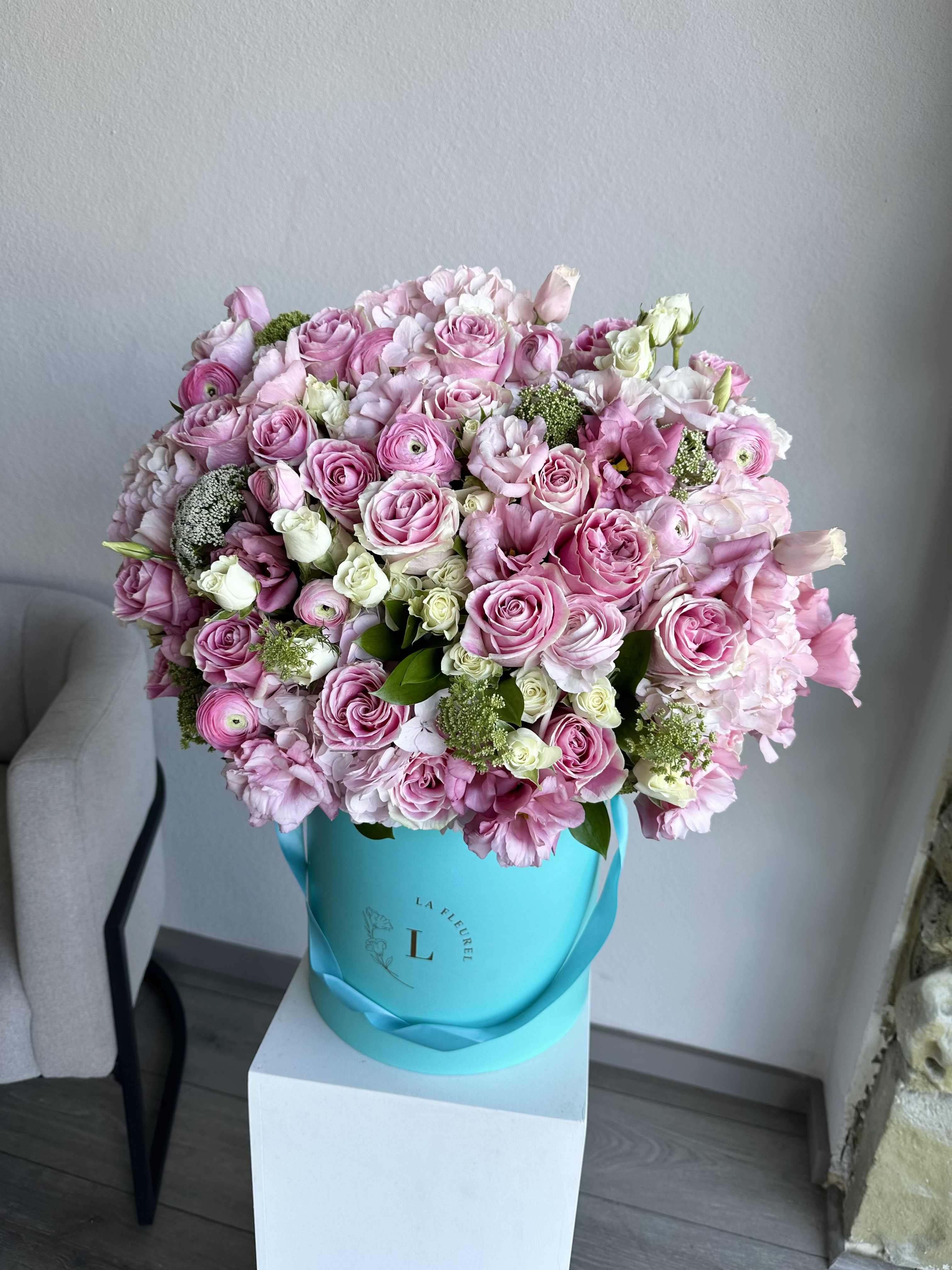Charlotte's Charm - This beautiful arrangement is filled with pink roses, hydrangeas, ranunculuses and greens to deliver your special message to your special someone.  Perfect for any occasion. You can choose any color of the box.  Arrangement includes:  Medium box Custom greeting card