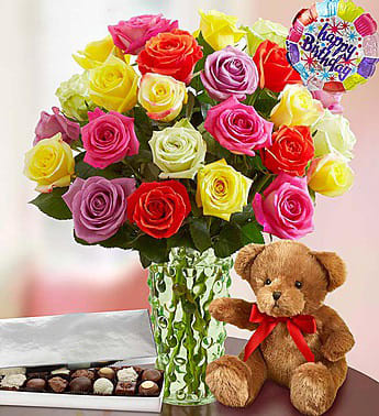 happy birthday teddy bear and flowers