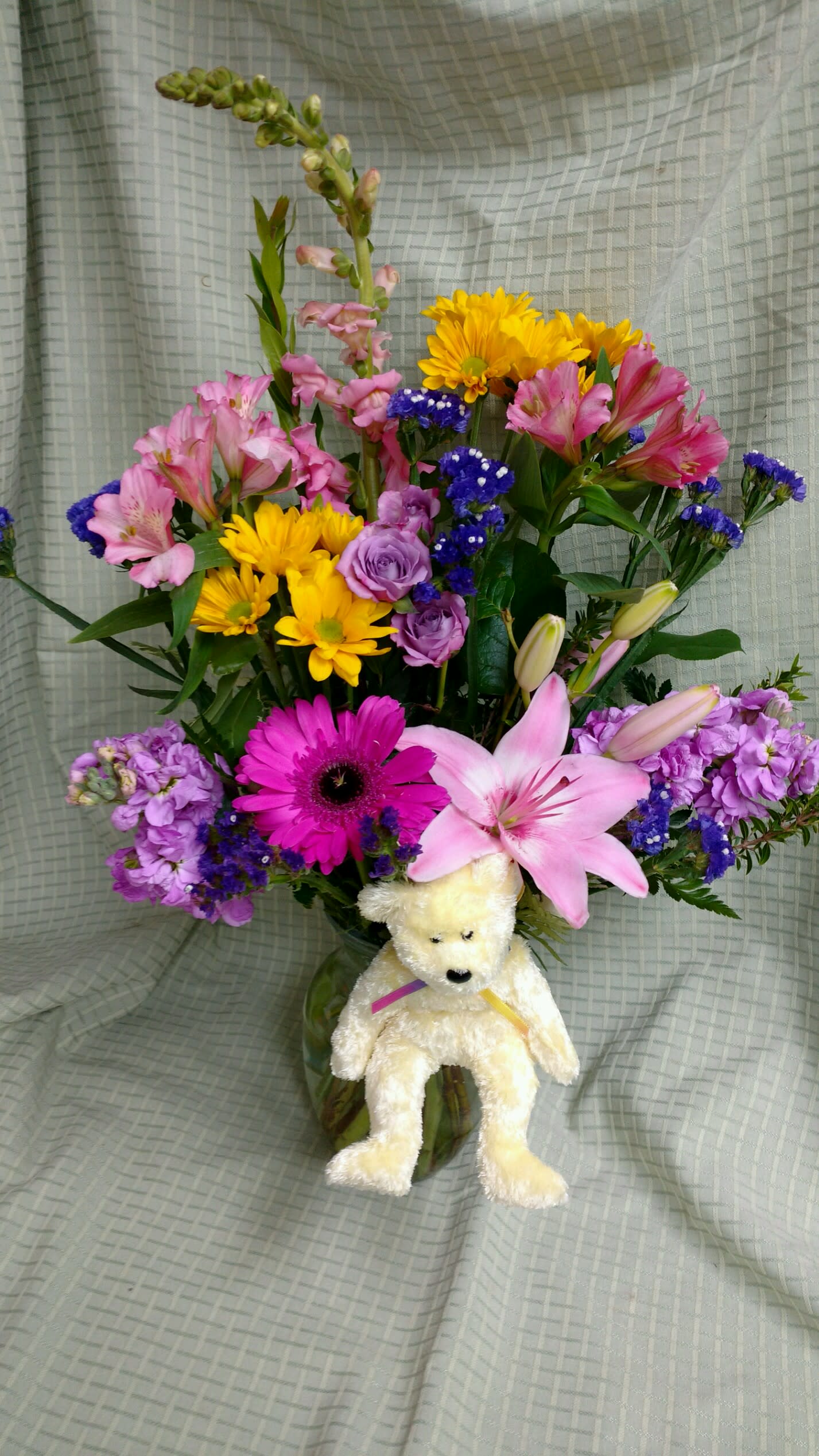 flower delivery with stuffed animal