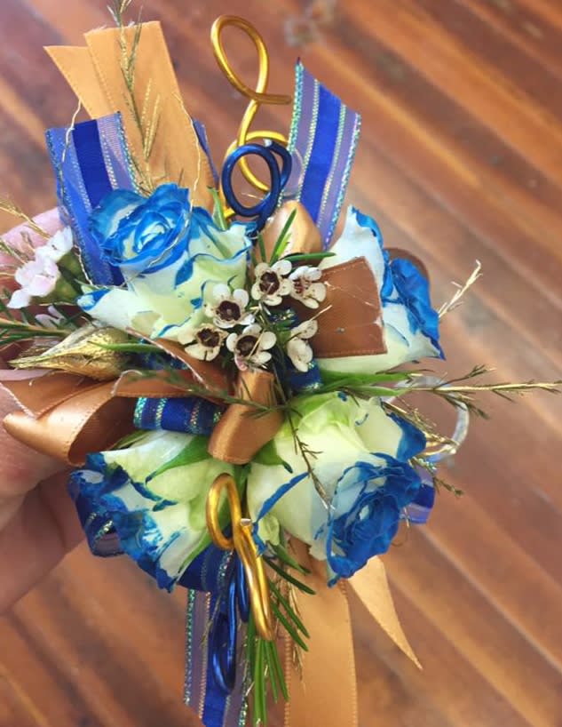 blue flower corsage
