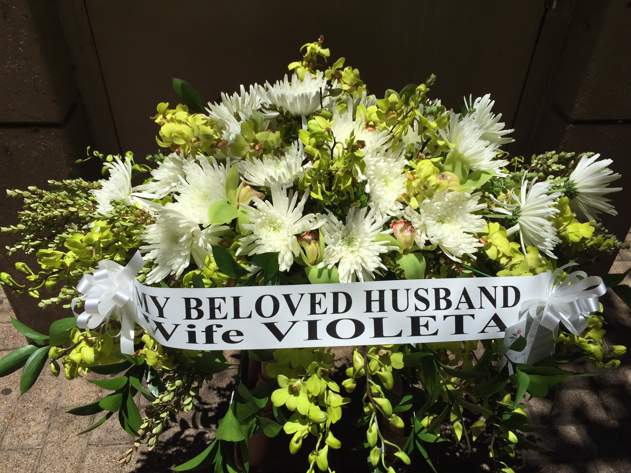 Casket Arrangement Of White Chrysanthemum And Green Orchid In Honolulu Hi Flower Fair