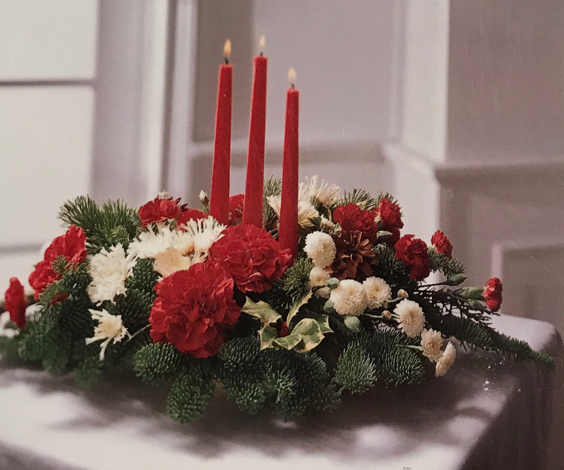 Red And White Christmas Centerpiece In Charleston Il Noble Flower Shop