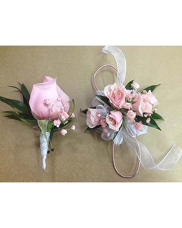 Pink and White Corsage and Boutonniere 