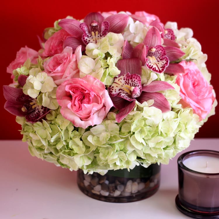 Pink Orchids And Roses In A Vase In Miami Fl Hirni S Wayside Garden Florist