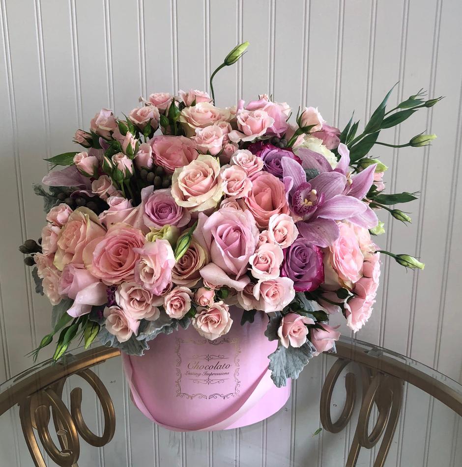 Millie Cymbidium Orchid Light And Dark Pink Roses Spray Roses And Dusty Miller Leaves In Glendale Ca Chocolato