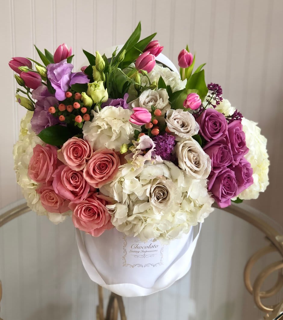 Victoria Light And Dark Pink Roses Spray Roses Myrtle Curly Willow Tulips Licentious Greenery Wax Flowers Hypericum Berries And Lu In Glendale Ca Chocolato