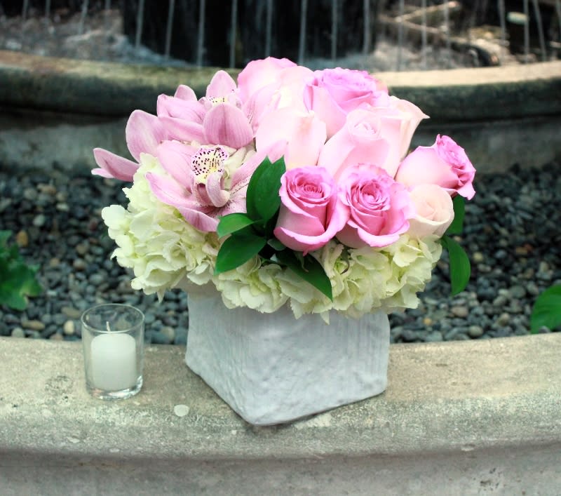 Pink Roses With Orchids And Hydrangeas In Beverly Hills Ca Muguet Florist
