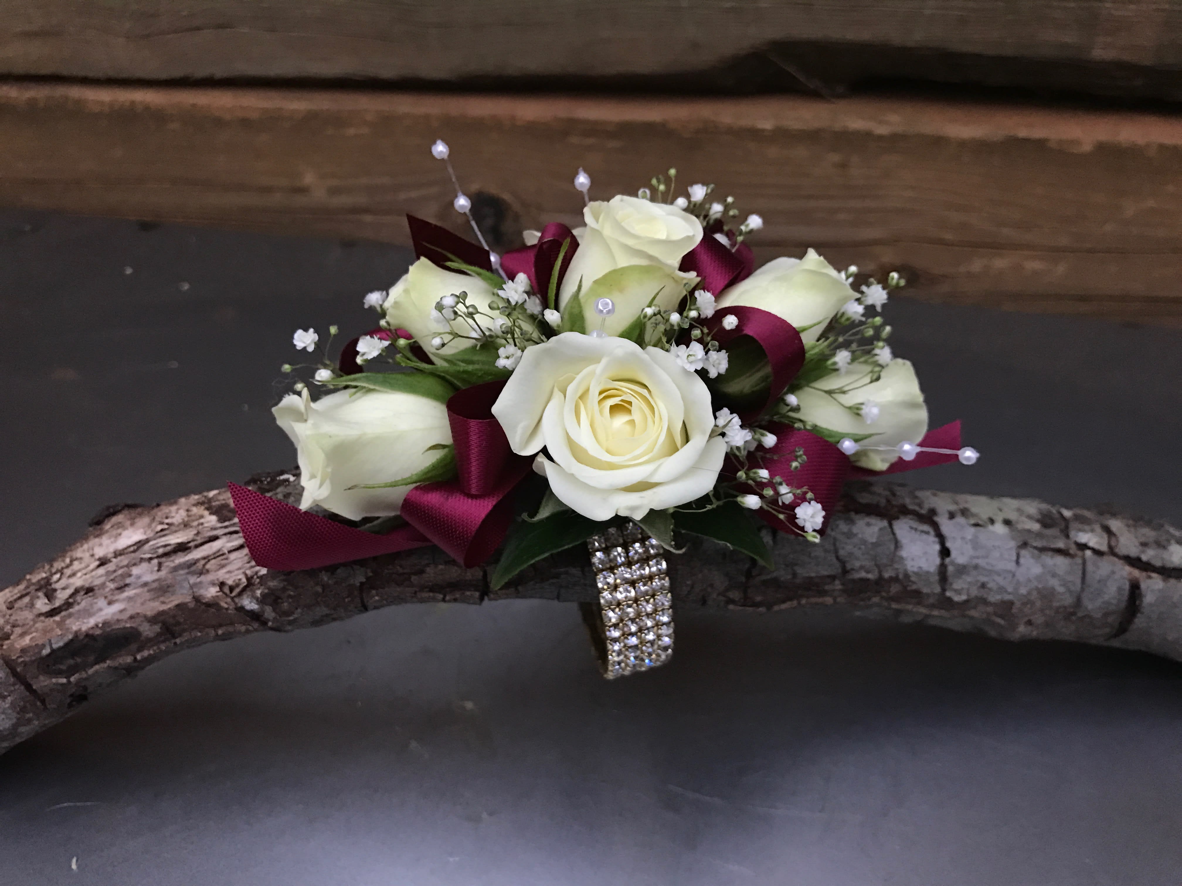 burgundy corsage