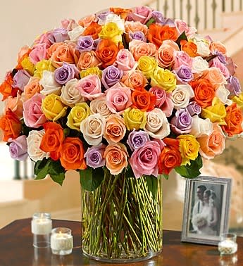 100 Premium Long Stem Multicolored Roses In A Vase By Flowers To Go Miami