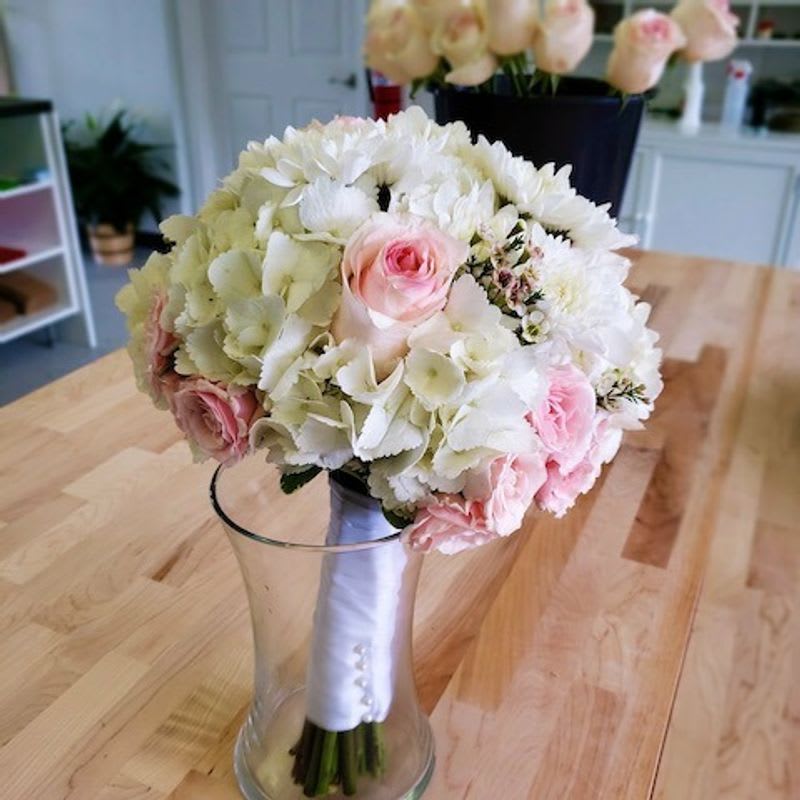 Wedding Bouquet White Hydrangea And Pink Roses By Southern Coast Flowers