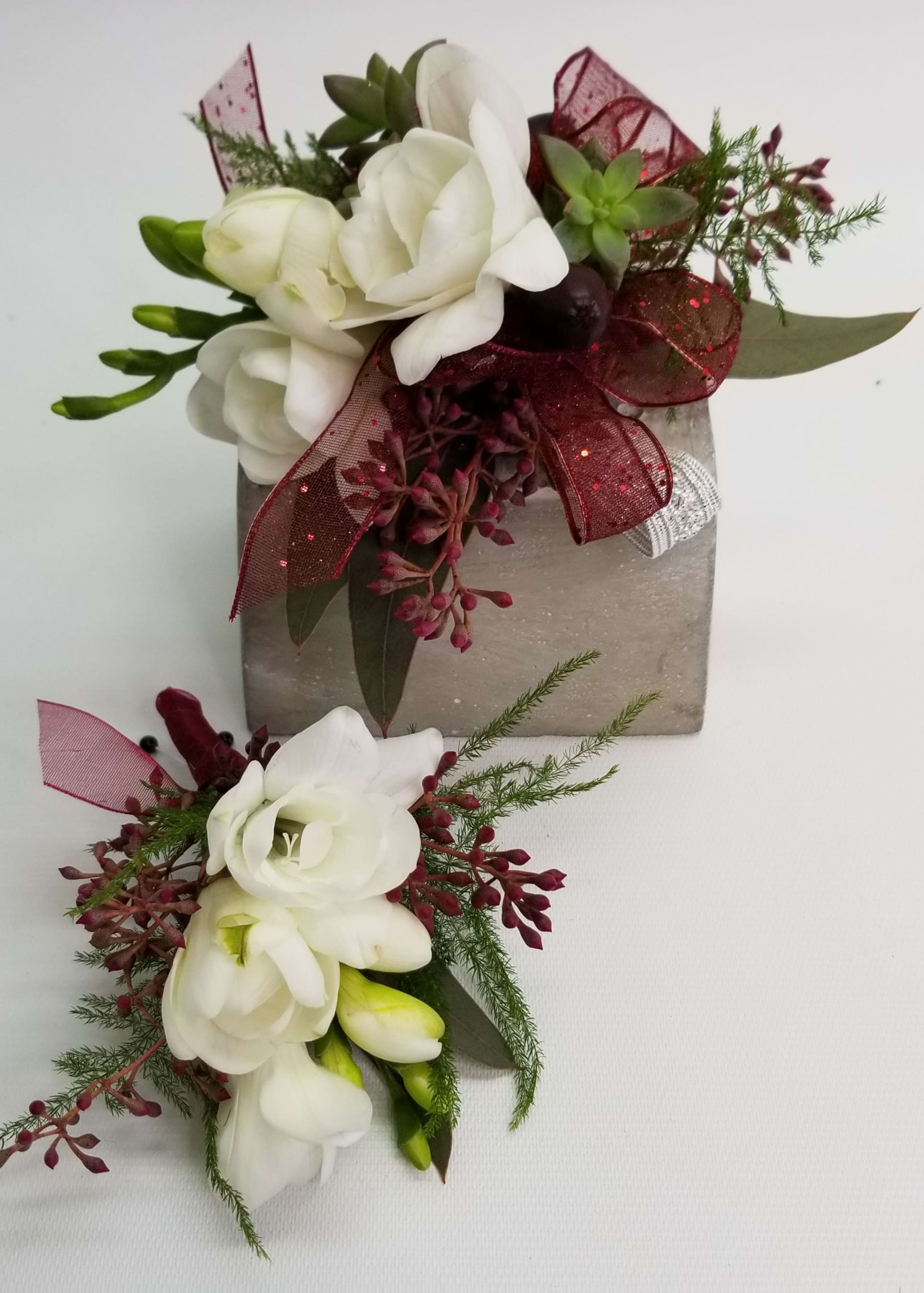 burgundy corsage