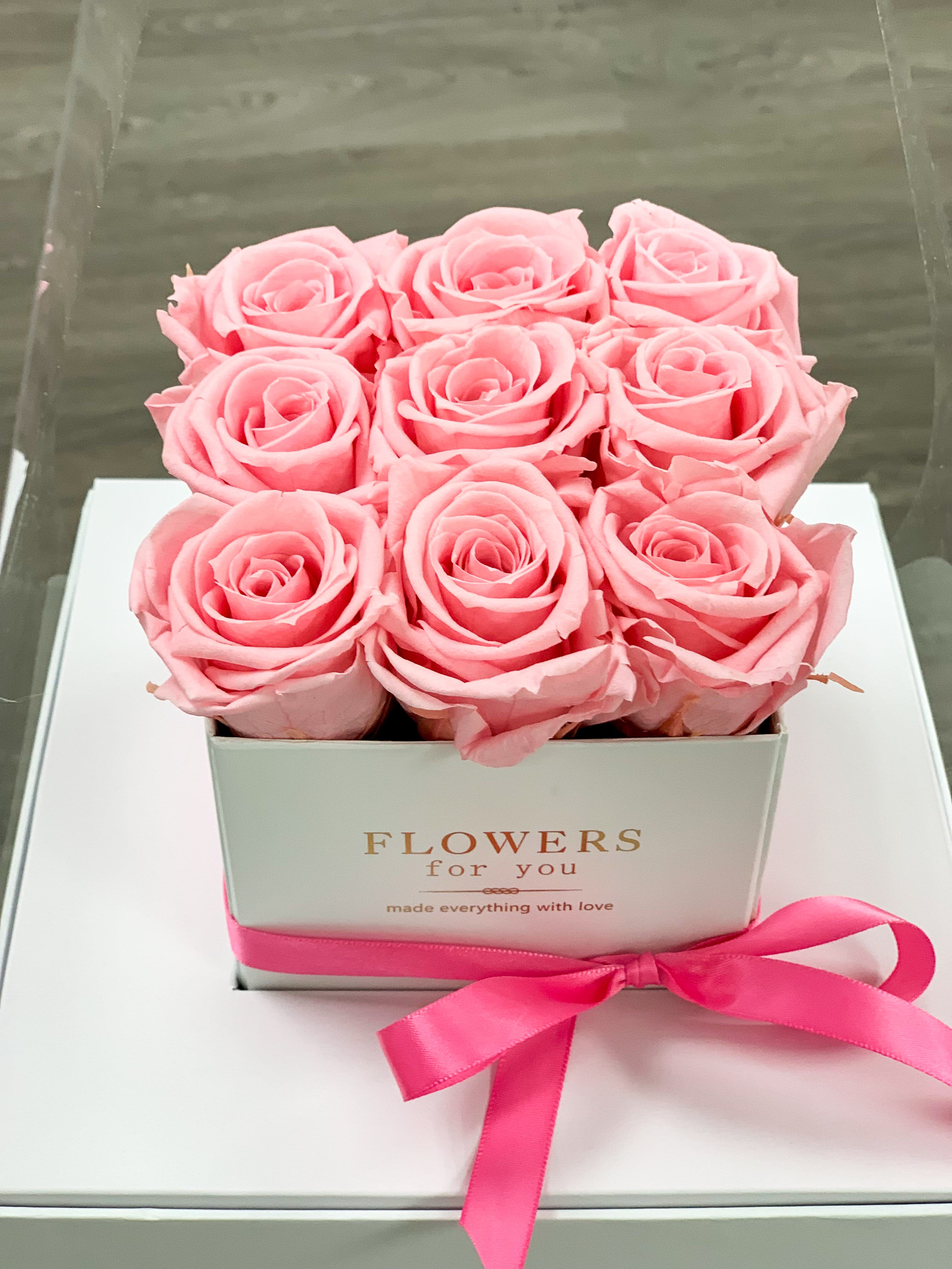 Forever Roses Arrangement With 9 Pink Roses In A Box By Luxury Flowers Miami