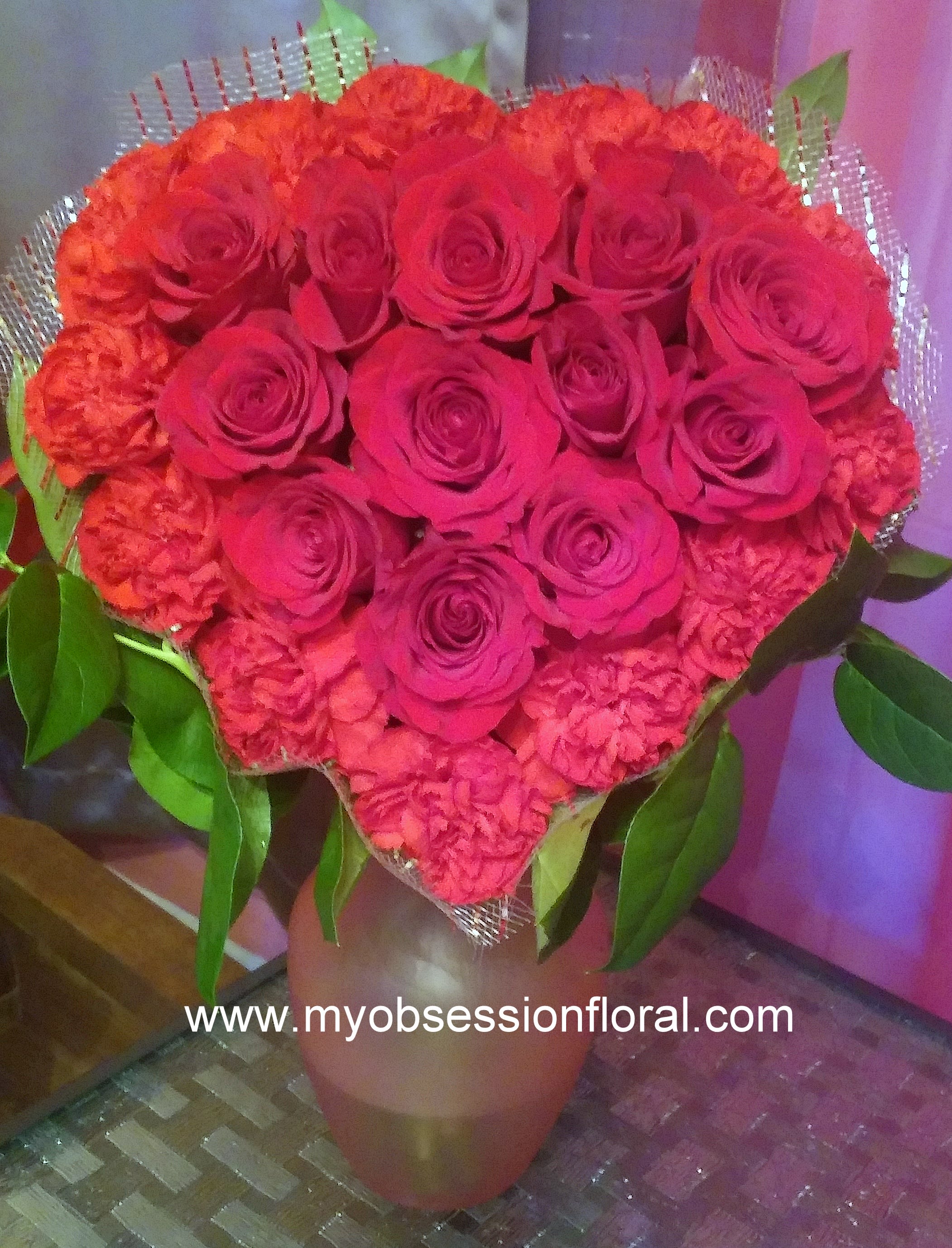 Heart Of Red Roses In Glass Vase By My Obsession Floral