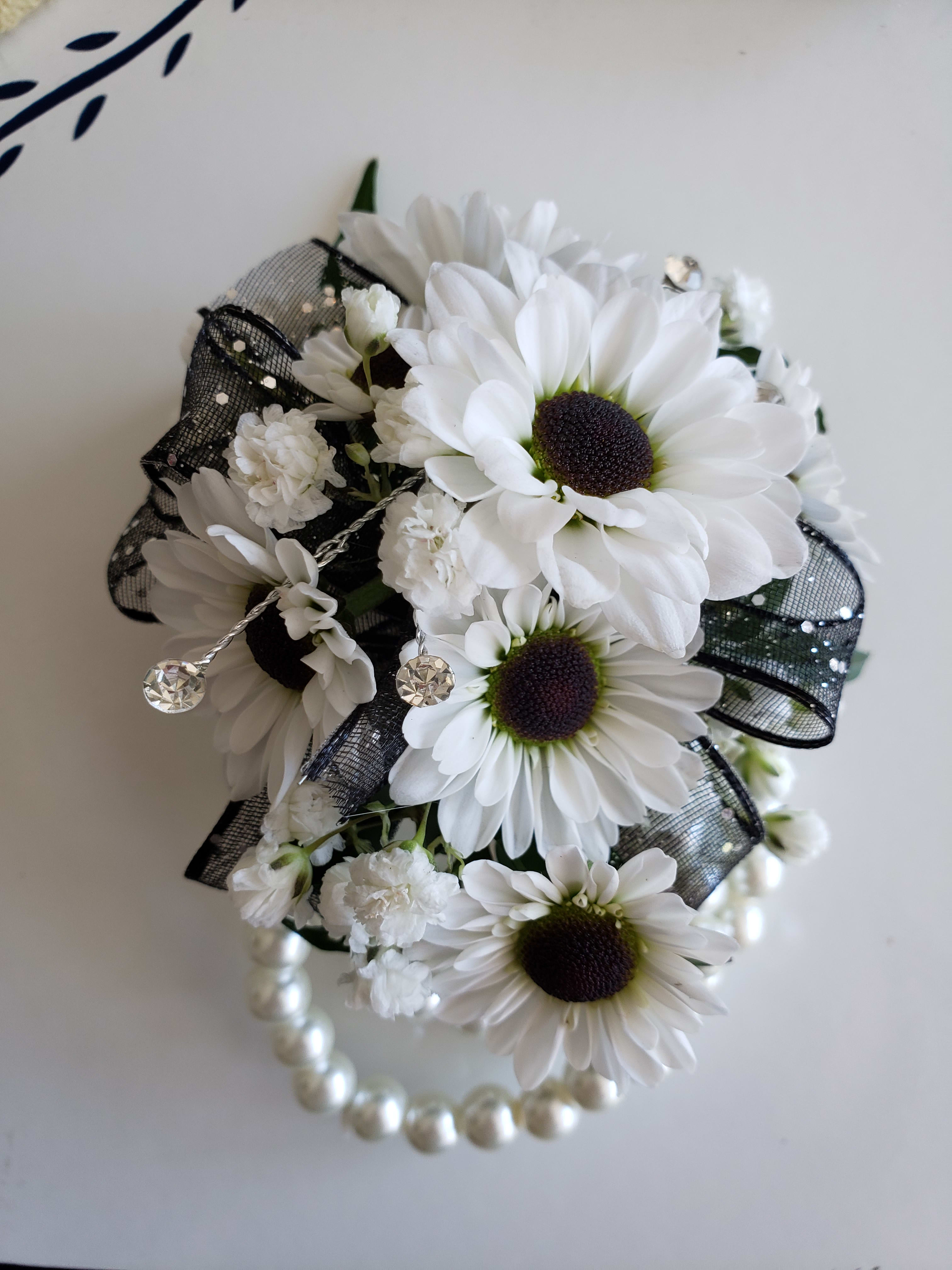 Black and white wrist corsage in Byron Center, MI | Tandem Studio