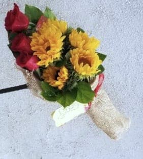 Sunflower And Red Rose Hand Wrapped Presentation Bouquet By Orchids Little Secret Boutique