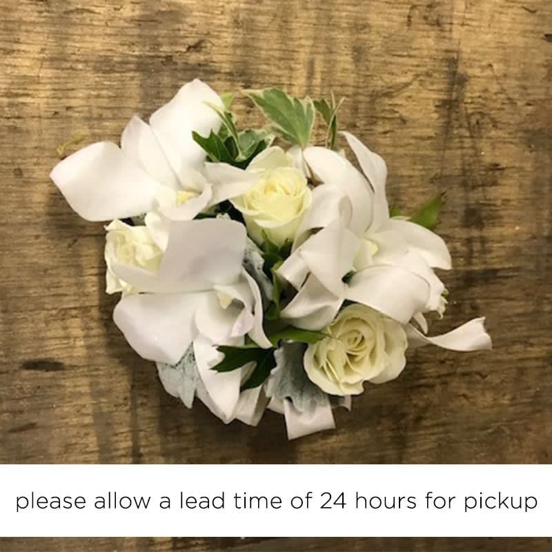 White Orchid And White Spray Rose Wrist Corsage In Pasadena Ca Jacob Maarse Florists