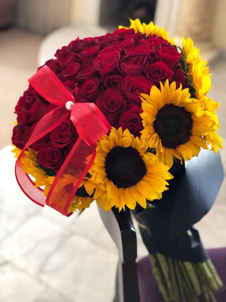 sunflower and red rose wedding bouquets