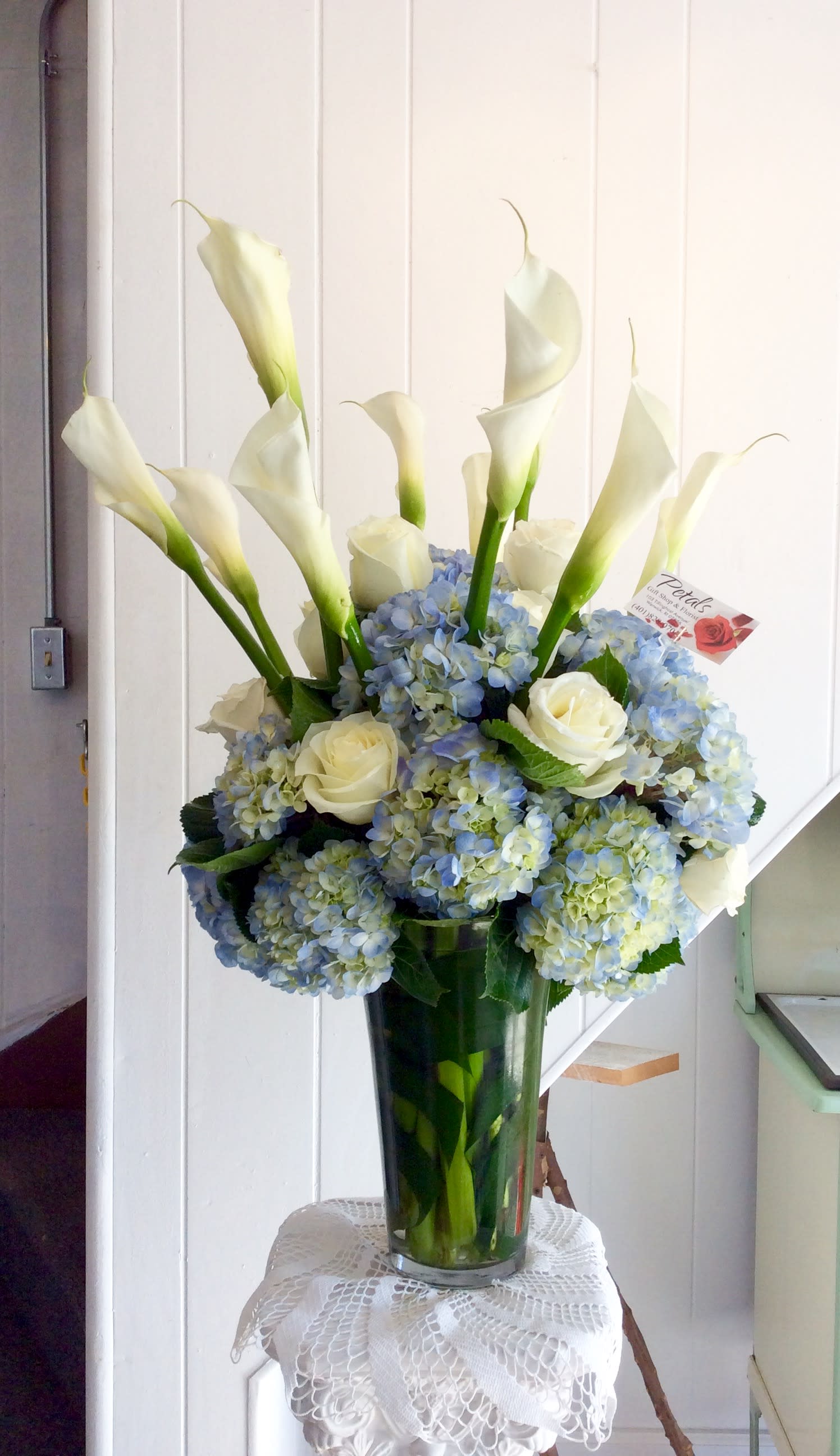 Awe Inspiring Tall Vase Of White Cala Lillies Roses And Hydrangeas In Warwick Ri Petals Florist Gift Shop,Herringbone Subway Tile Kitchen Backsplash