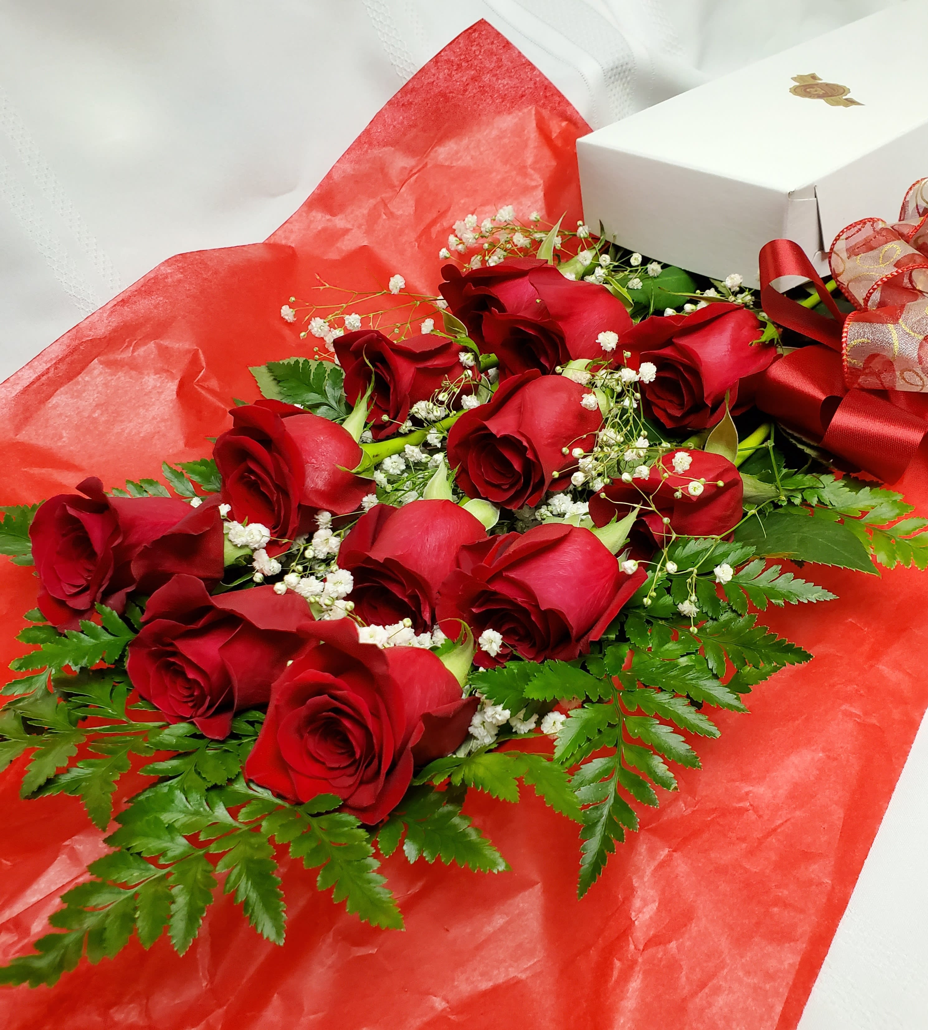 One Dozen Red Roses Boxed With Babies Breath In Poughkeepsie Ny Flower Barn