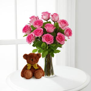 pink roses with teddy bear