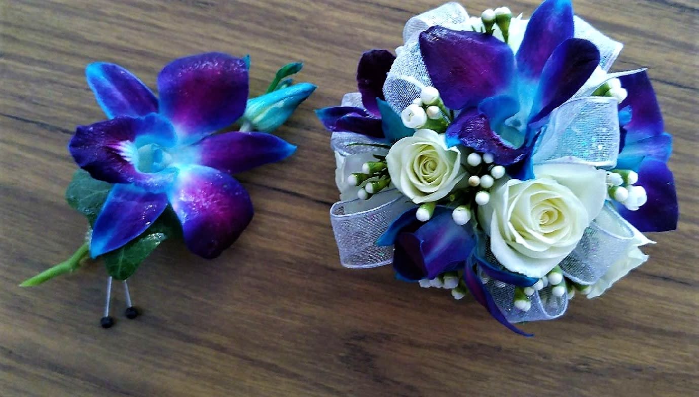 Blue Bomb Dendrobium Wristlet Boutonniere Combo In Londonderry Nh Harrington Flowers