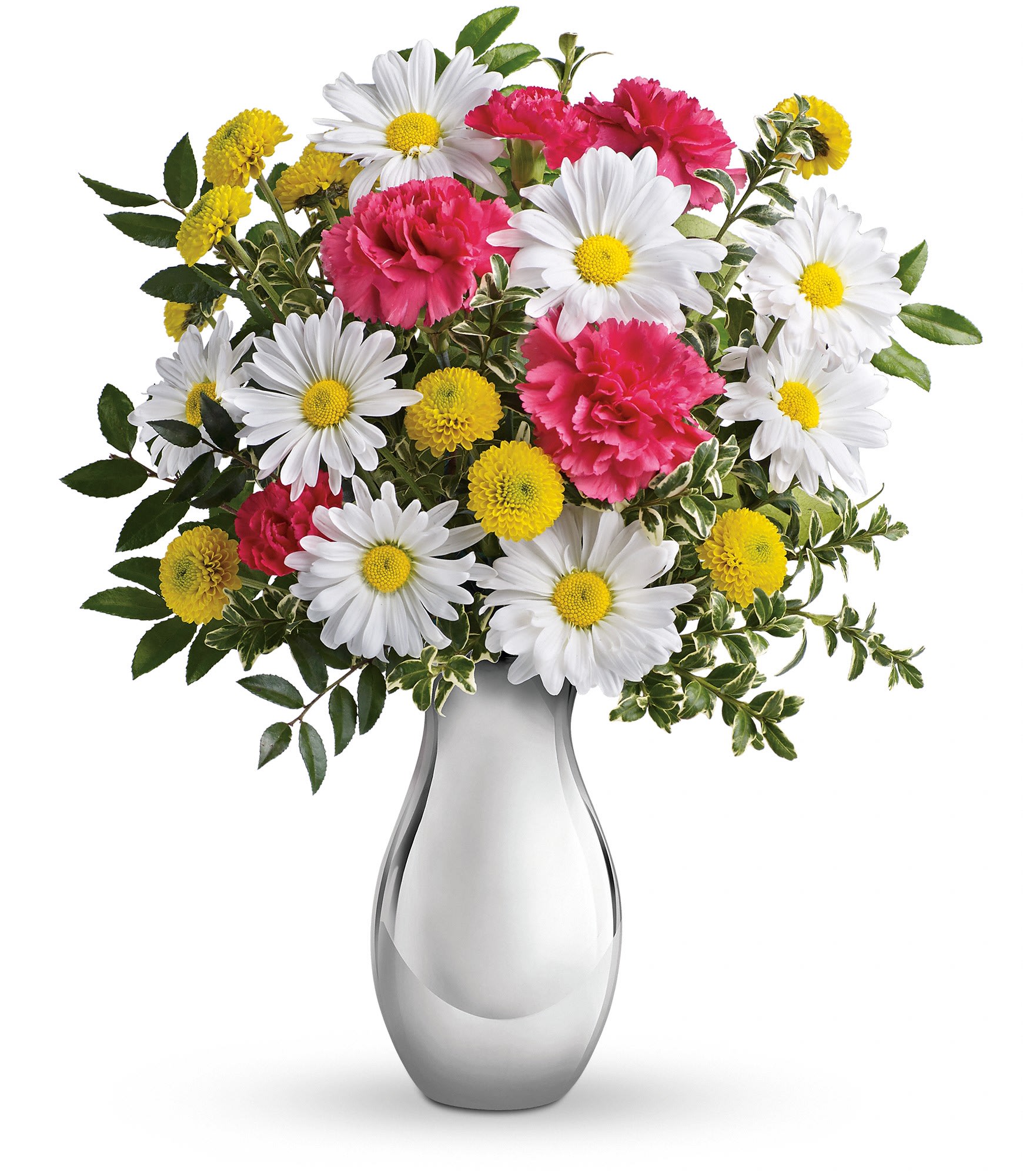Just Tickled Bouquet Just Tickled Bouquet - Won't she be tickled? Sure to put a smile on her face, this happy bouquet greets her with hot pink carnations and crisp white daisies arranged in a stunning Silver Reflections vase.